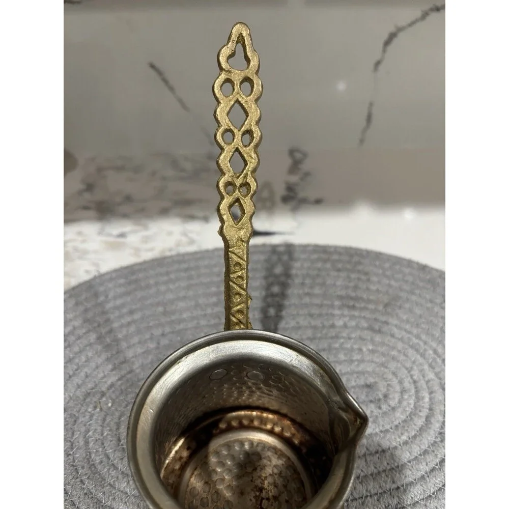 Vintage Hammered Copper Turkish Coffee Pot With Intricate Brass Handle